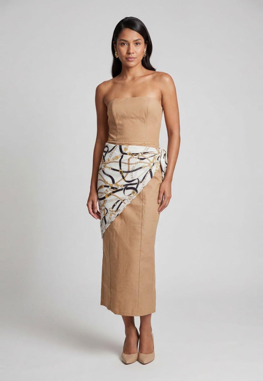 Vestido Feminino Lança Perfume Midi Decote Reto Algodão Bege