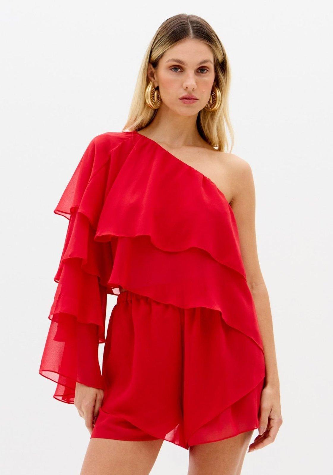 Blusa Manga Única Com Babados Lança Perfume