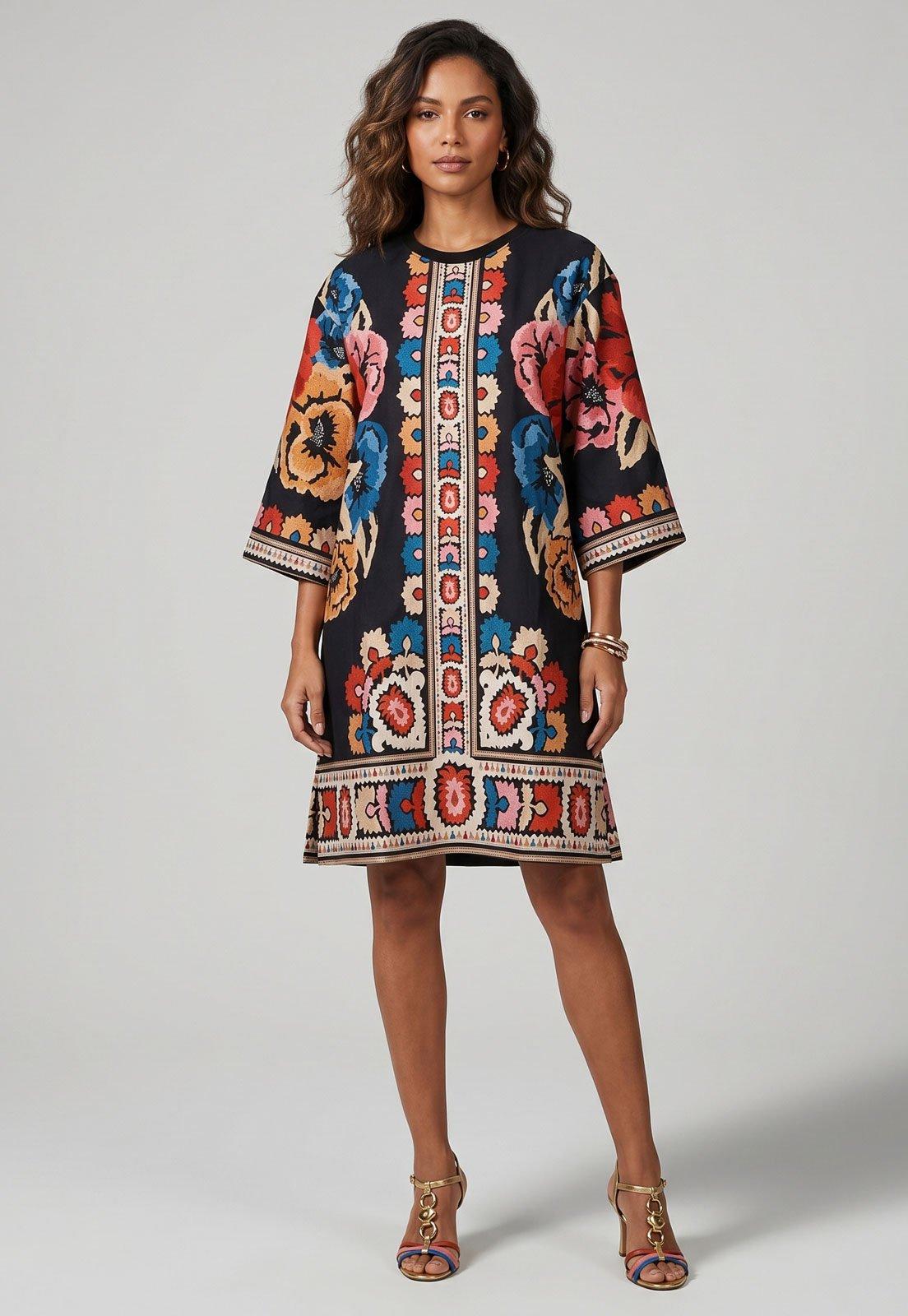 Vestido Feminino FARM Estampado Floral Preto