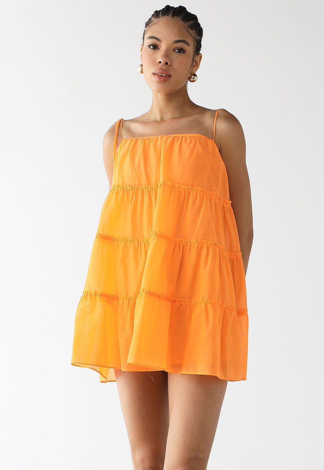 Vestido Feminino FARM Babados Camadas Alças Finas Laranja