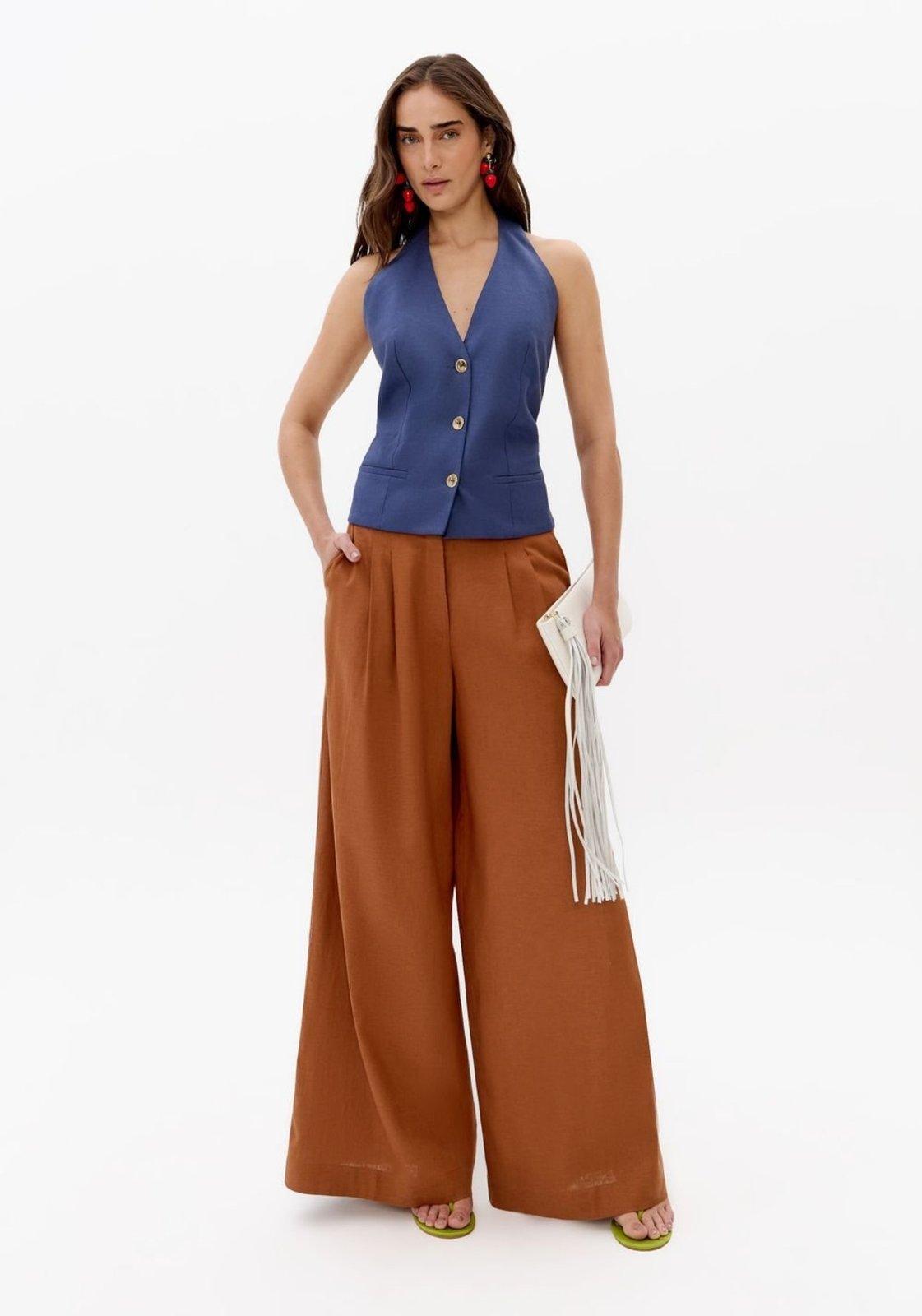 Calça Pantalona Cintura Alta Com Linho Lança Perfume