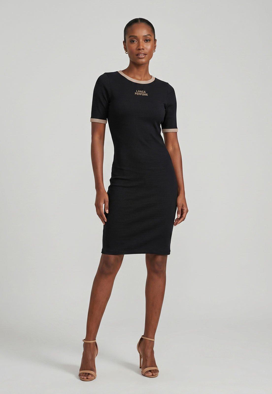 Vestido Feminino Lança Perfume Manga Curta Logo Preto