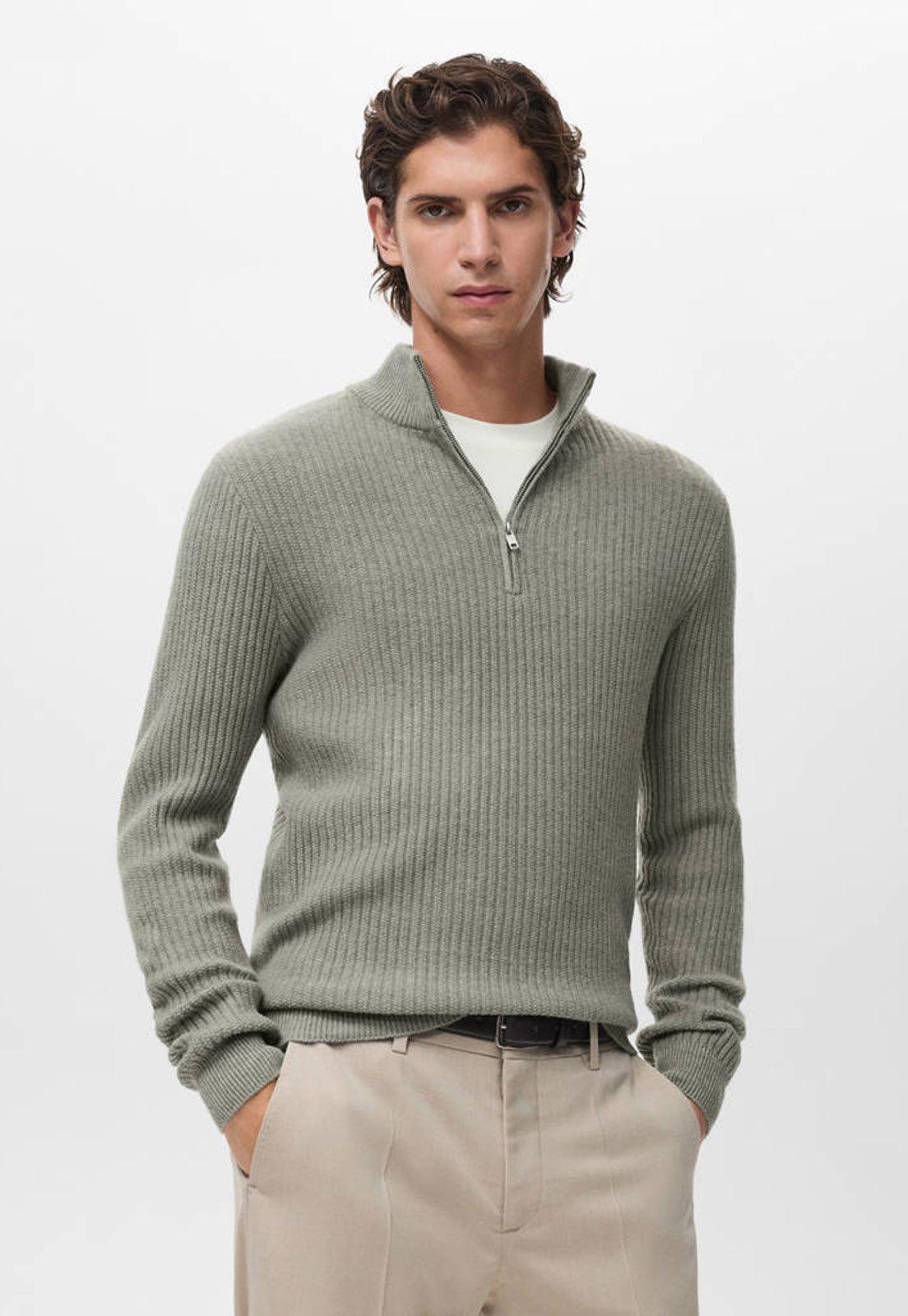 Suéter Masculino Mango Gola Alta Zíper Canelado Verde