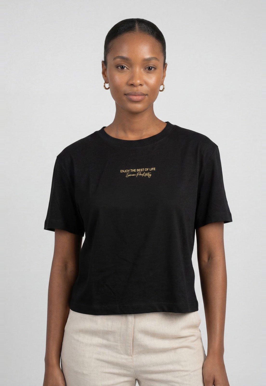 Camiseta Feminina Lança Perfume Cropped Estampa Dourada Preta