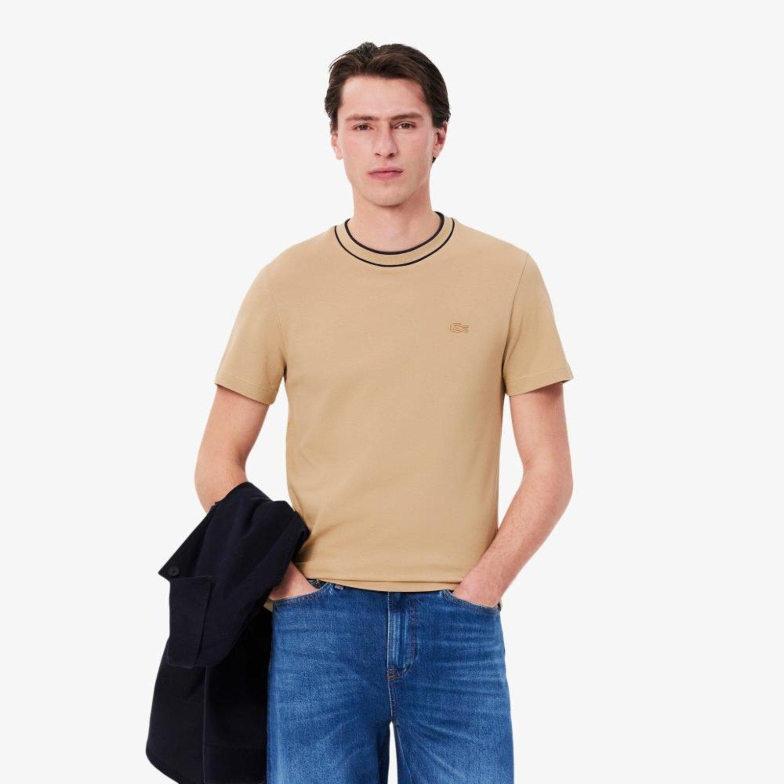 Camiseta de Piqué com Gola Listrada em Stretch Bege