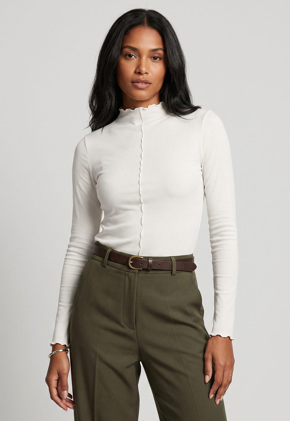 Blusa Manga Longa Feminina Mango Canelada Gola Alta Branca