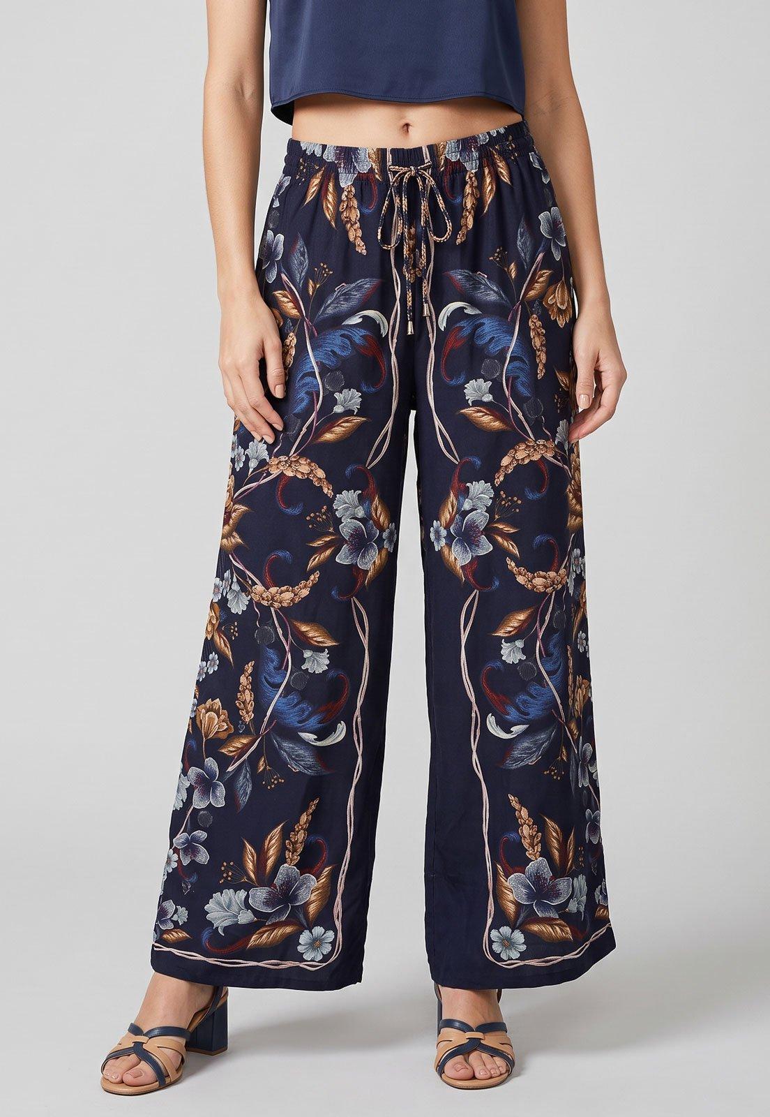 Calça Feminina FARM Cintura Alta Padrão Floral Azul Marinho