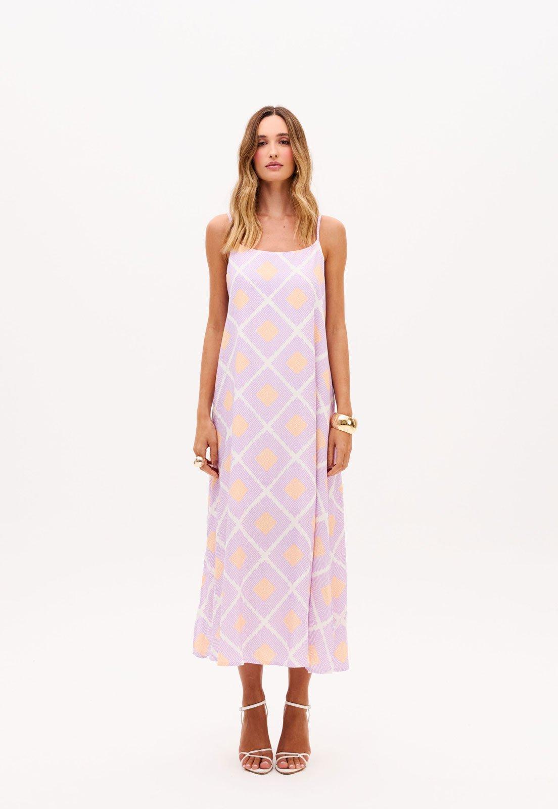 Vestido Feminino Lança Perfume Estampa Geométrica Lilás