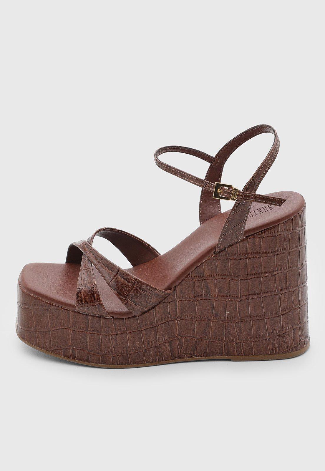 Sandália Feminina Santa Lolla Plataforma Croco Couro Marrom