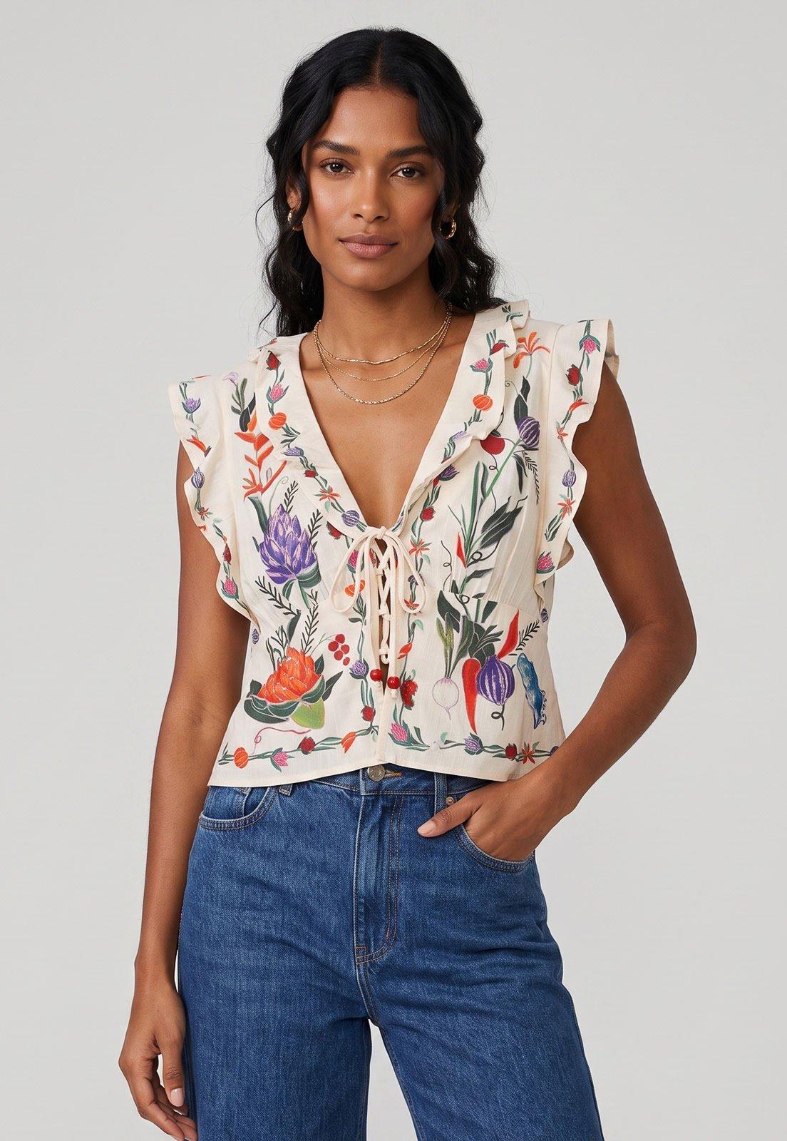 Blusa Feminina FARM Cropped Babados Estampada Off-white