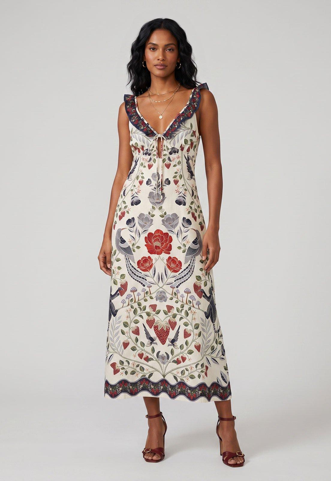 Vestido Feminino FARM Estampado Midi Branco