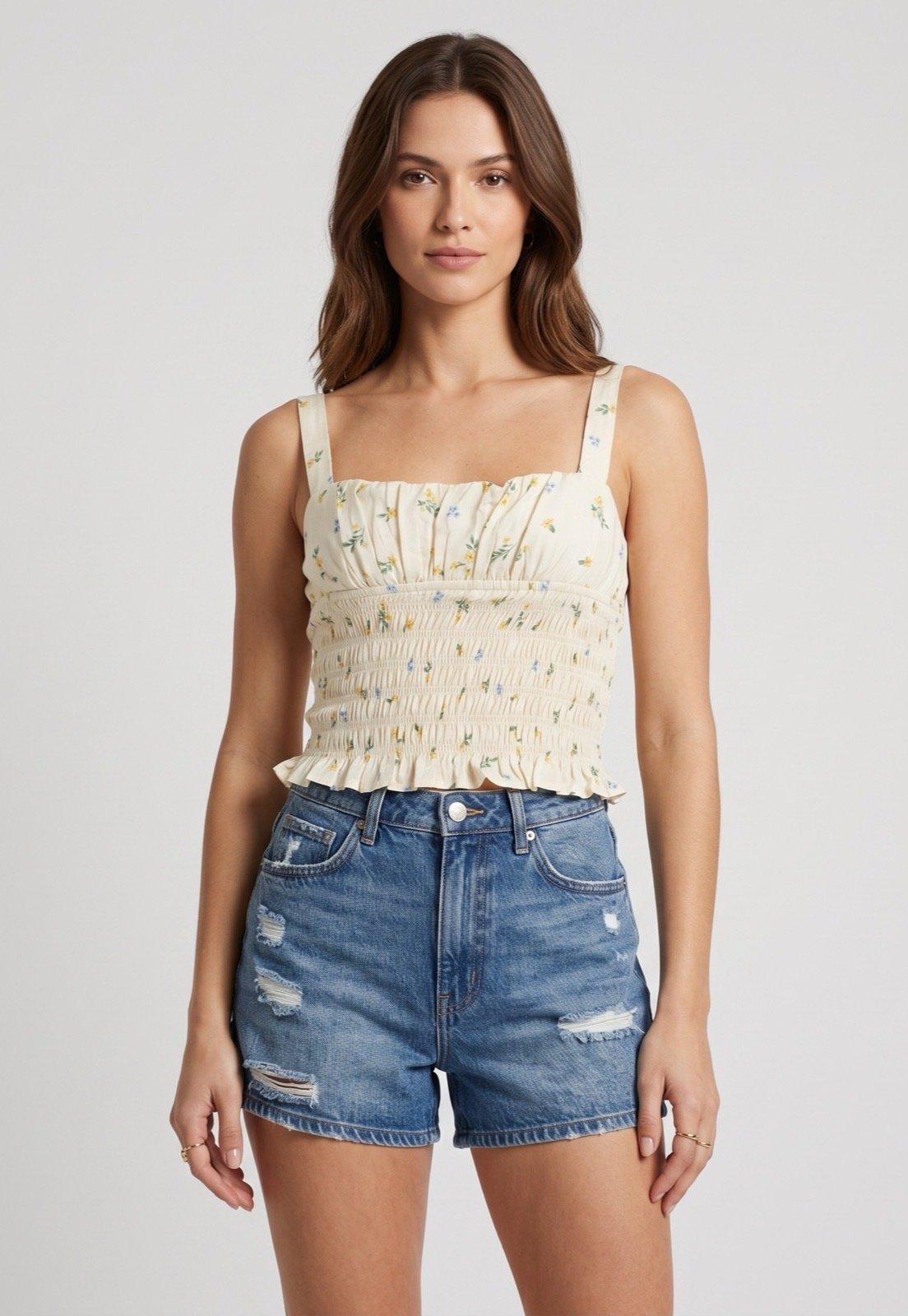 Blusa Feminina FARM Cropped Alça Larga Off White