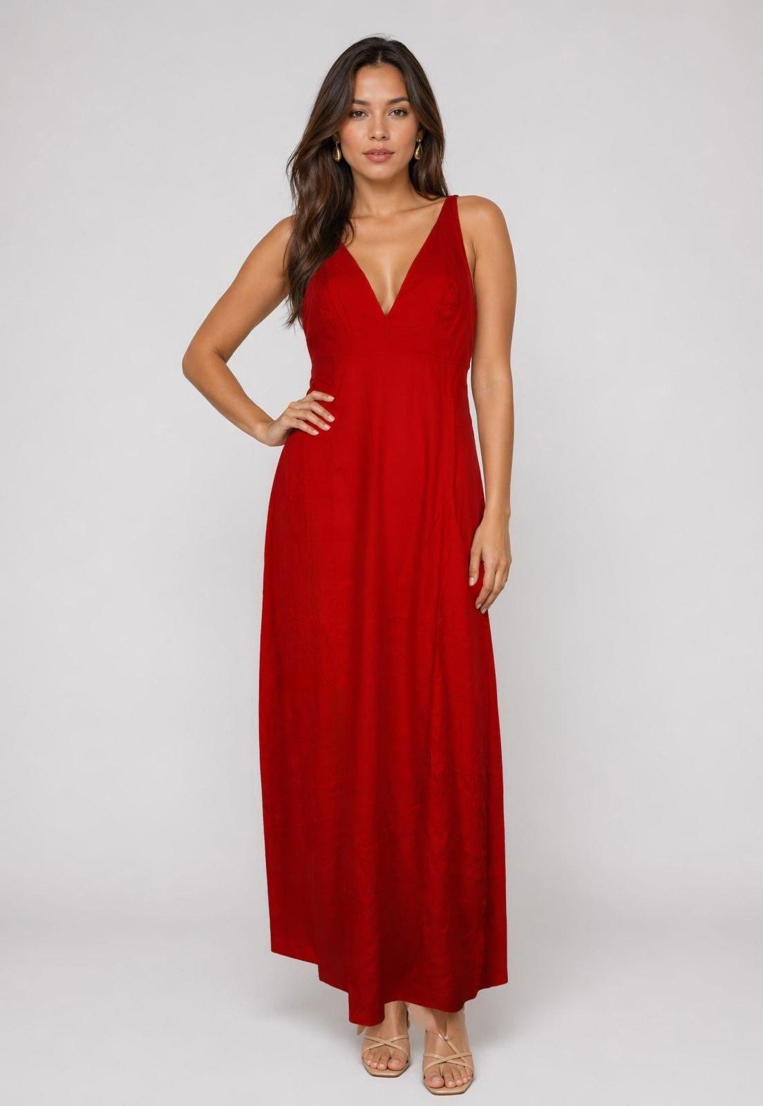 Vestido Feminino Colcci Longo Decote V Alças Finas Vermelho