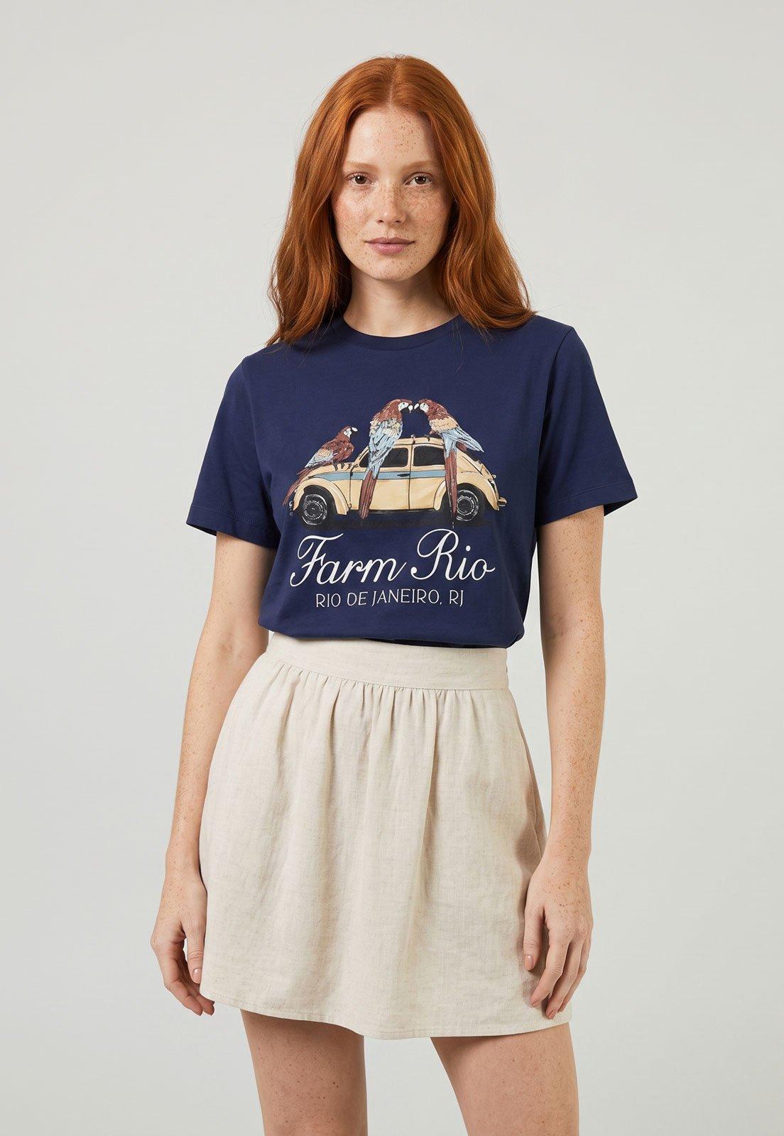 Camiseta Feminina FARM Estampa Carro Vintage Azul Marinho