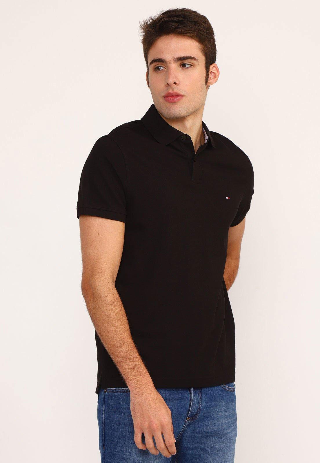 Camisa Polo Tommy Hilfiger Reta Logo Bordado Preta