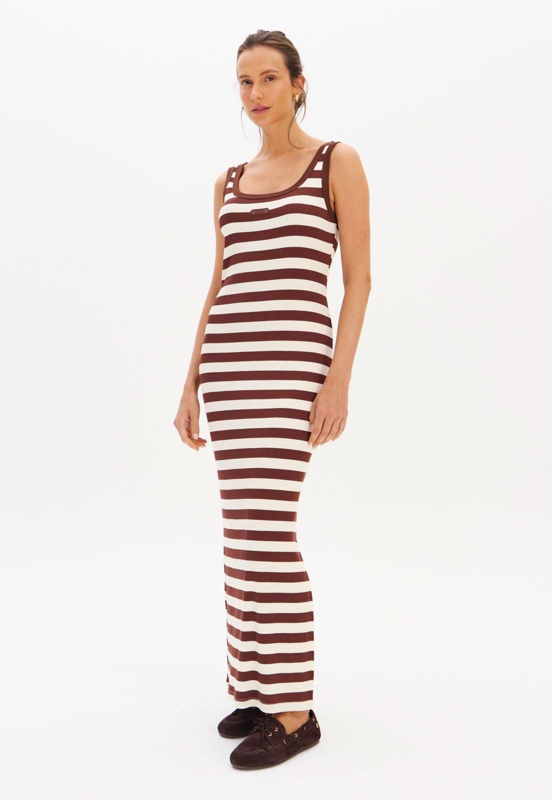 Vestido Feminino Lança Perfume Listrado Longo Marrom