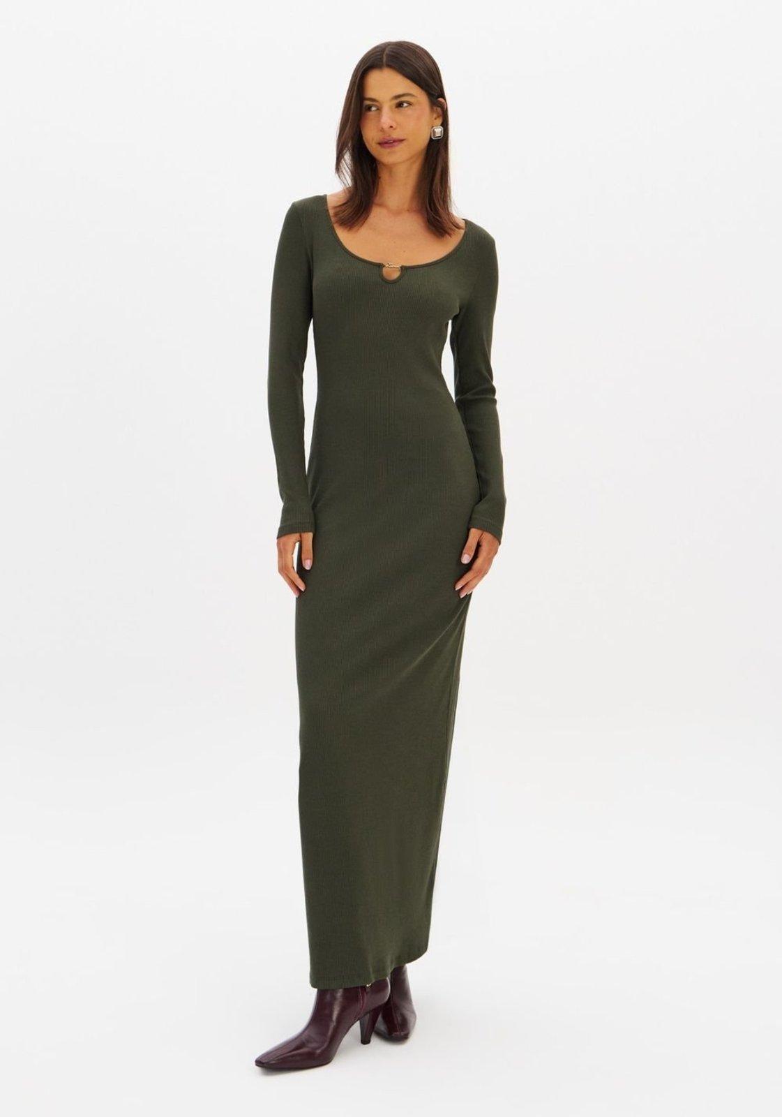 Vestido Super Midi Canelado Manga Longa Lança Perfume