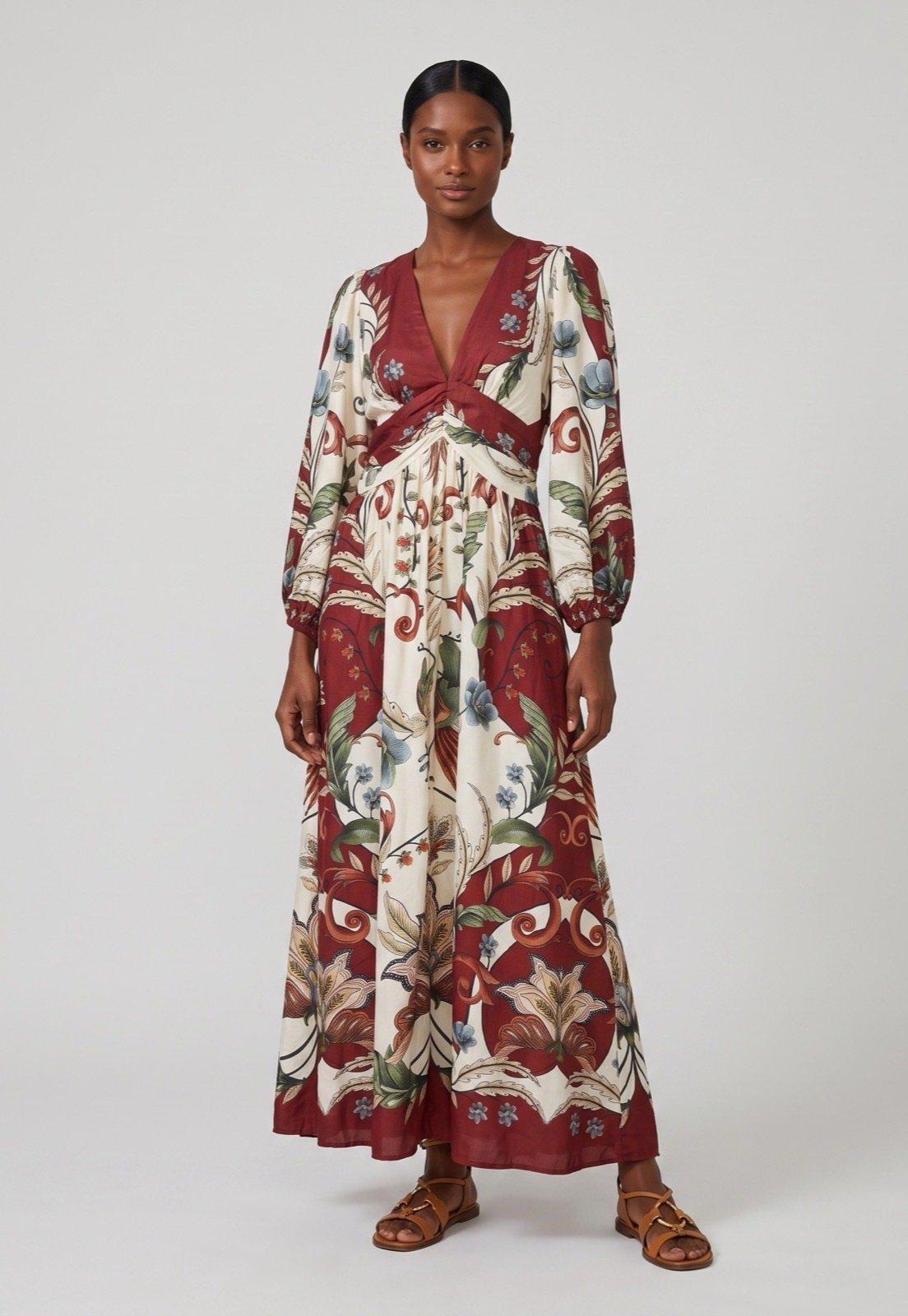 Vestido Feminino FARM Longo Floral Vinho