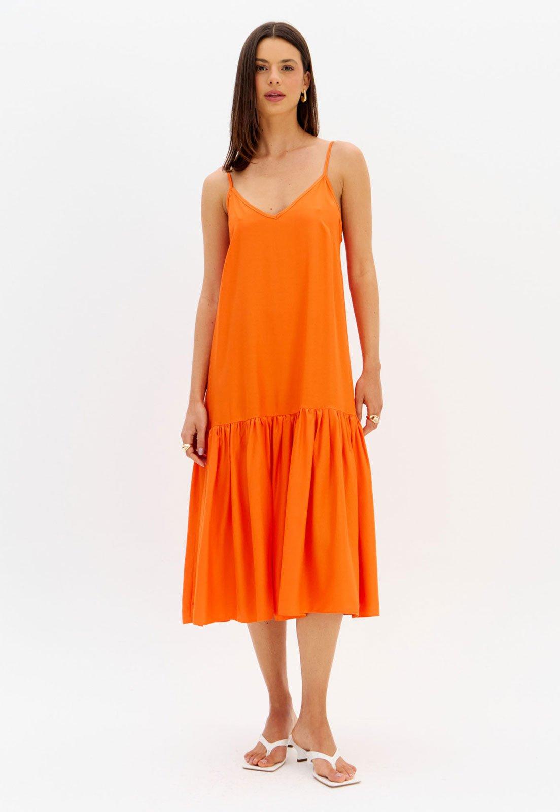 Vestido Lança Perfume Decote V Babados Laranja