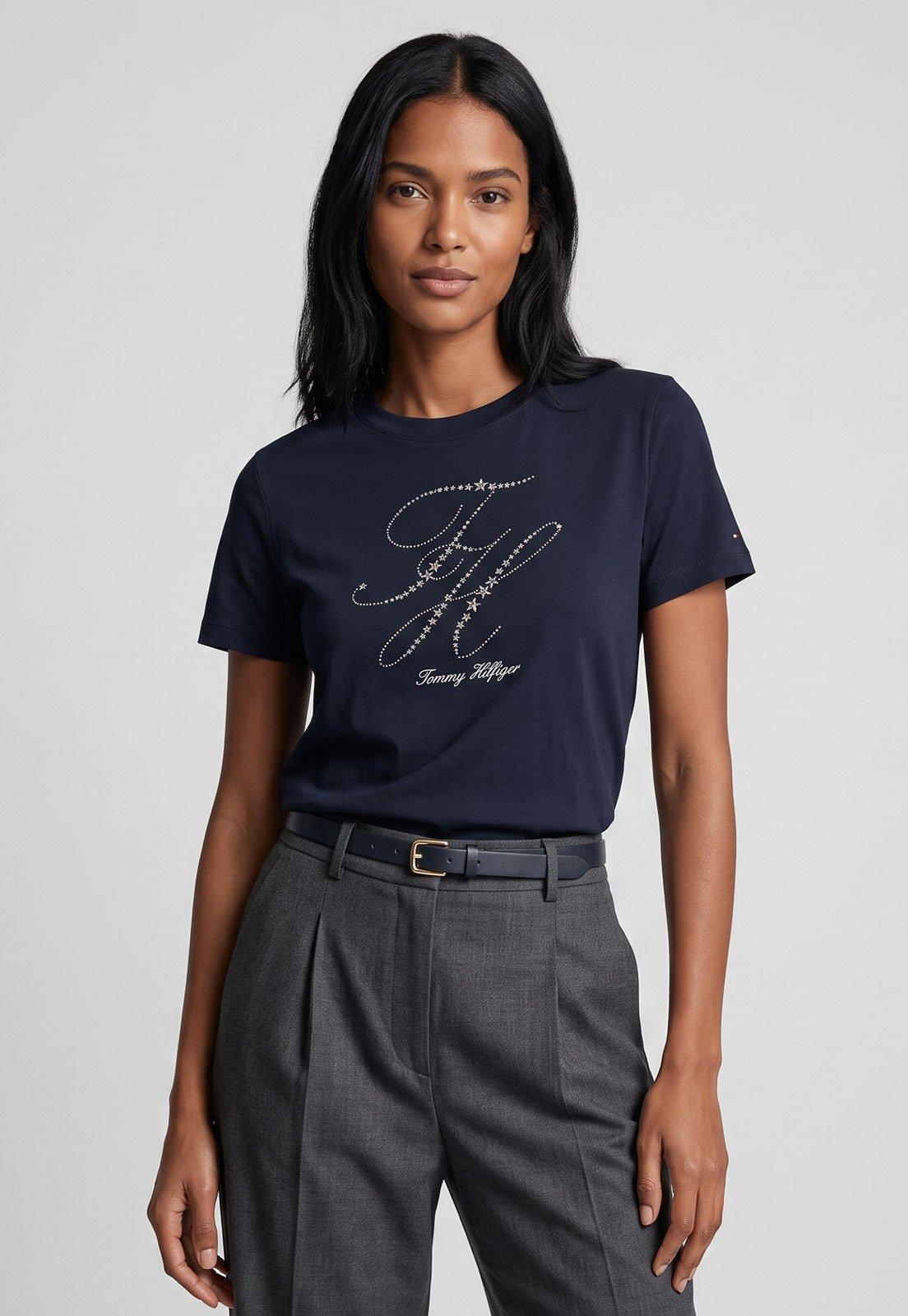 Camiseta Feminina Tommy Hilfiger Logo Azul Escuro