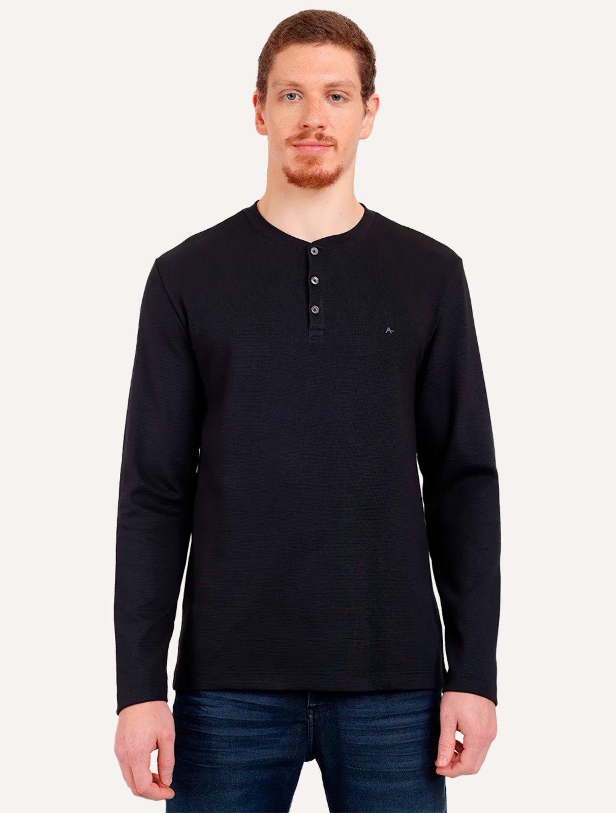 Camiseta Aramis Masculina Manga Longa Gola Portuguesa Suedine Preta