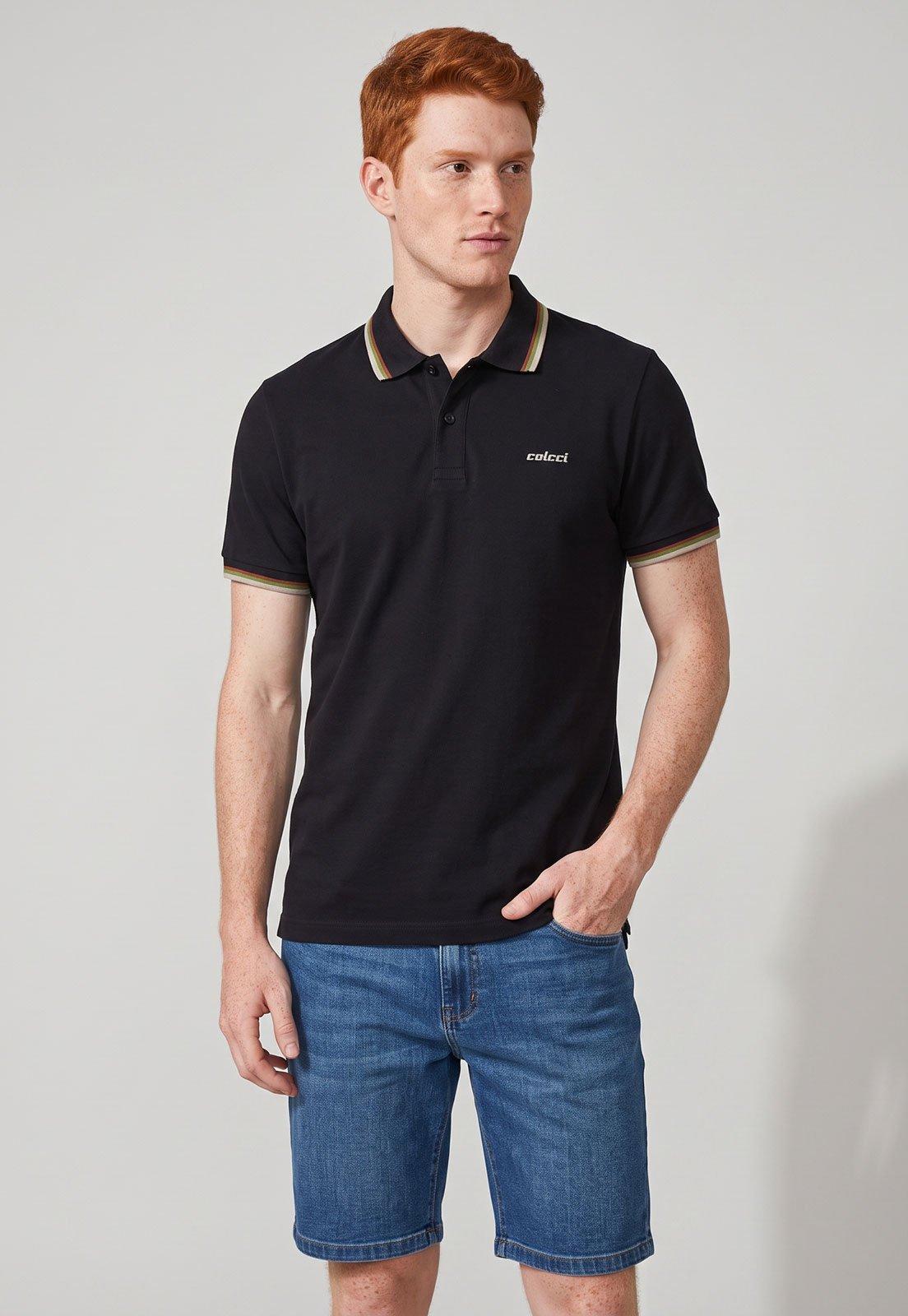 Camiseta Polo Masculina Colcci Detalhe Contrastante Preta