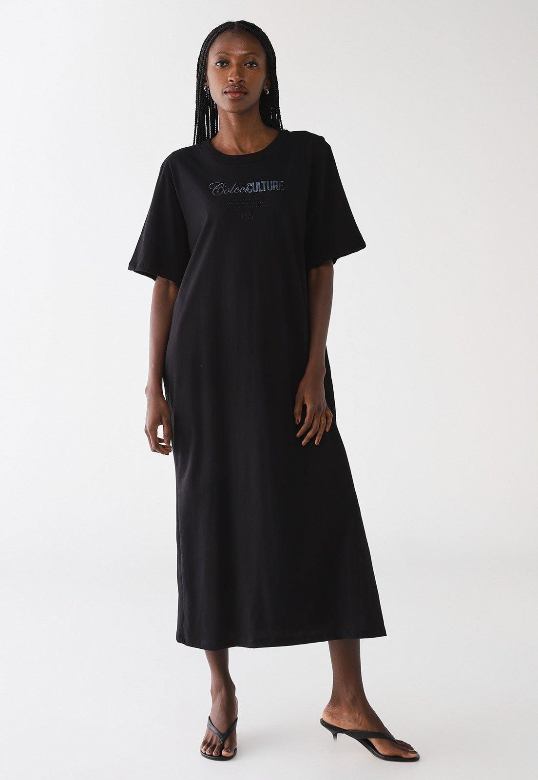 Vestido Feminino Colcci Midi Estampa Frontal Preto