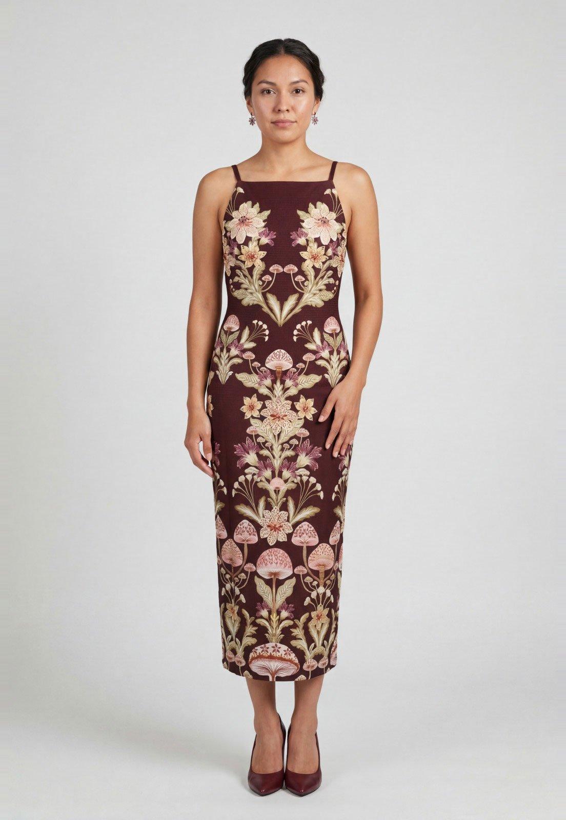 Vestido Feminino FARM Midi Floral Alças Finas Vinho