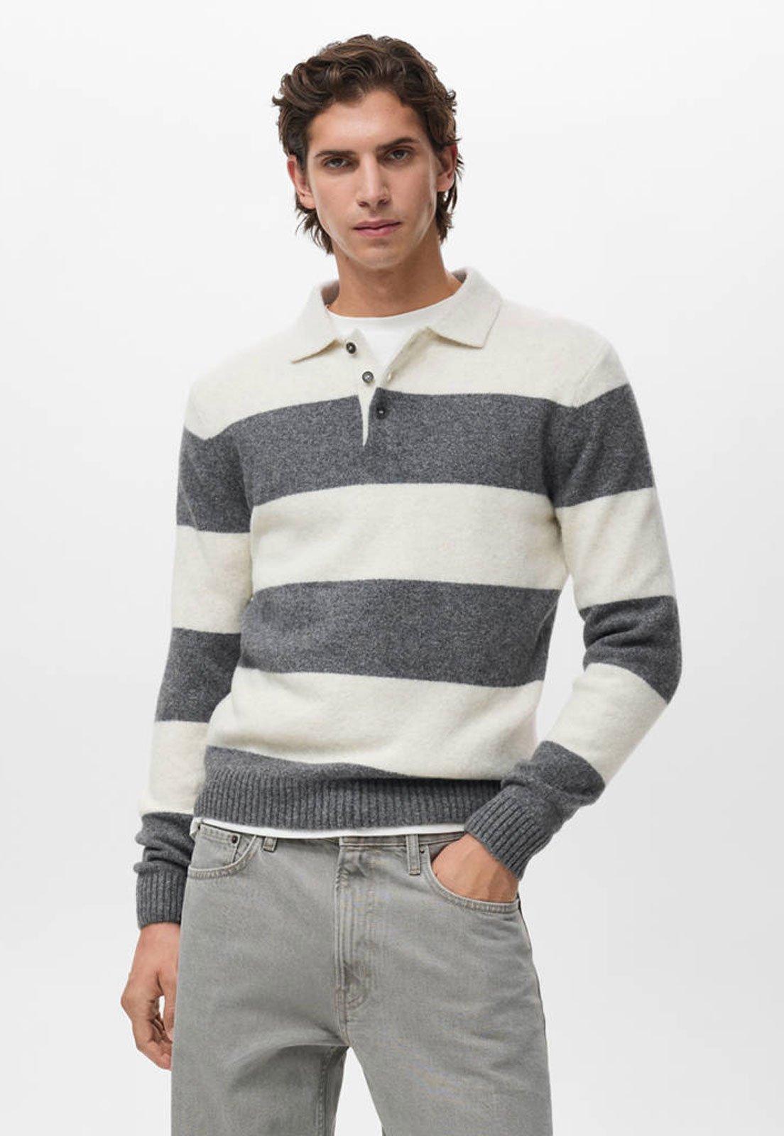 Suéter Masculino Mango Listrado Gola Polo Cinza