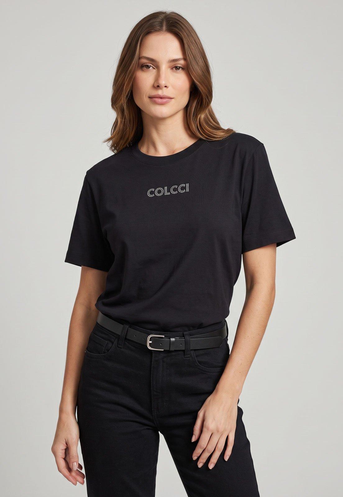 Camiseta Feminina Colcci Logo Pedraria Preta