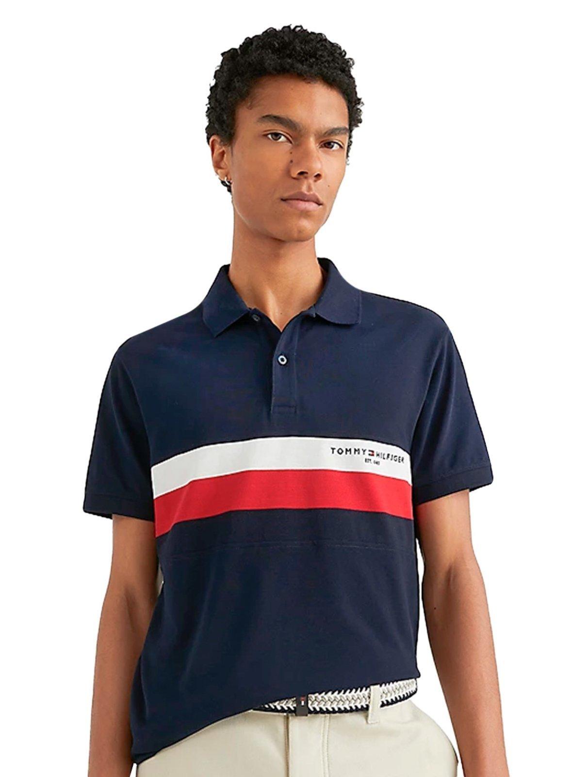 Polo Tommy Hilfiger Masculina Piquet Slim Colourblock Azul Marinho