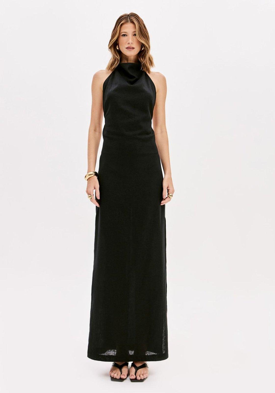 Vestido Super Midi Frente Única Com Linho Lança Perfume