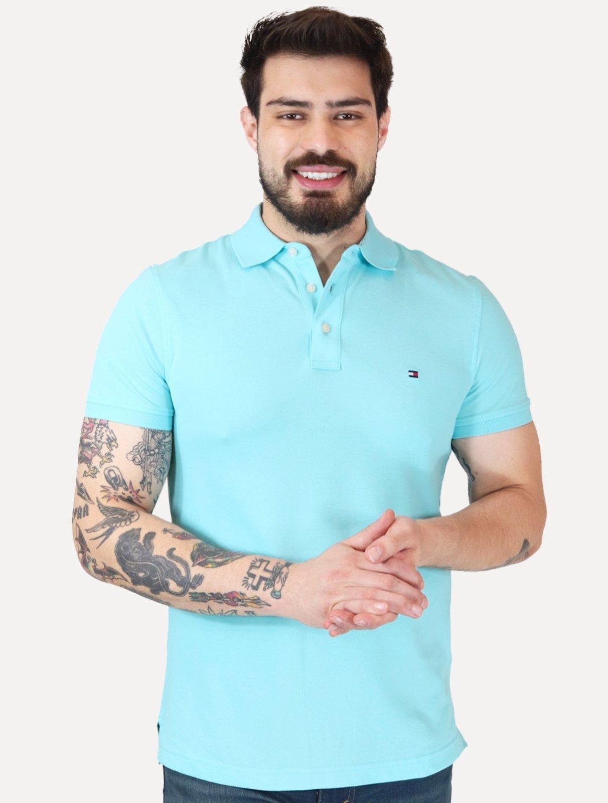 Polo Tommy Hilfiger Masculina Slim Piquet 1985 Dewy Azul Claro