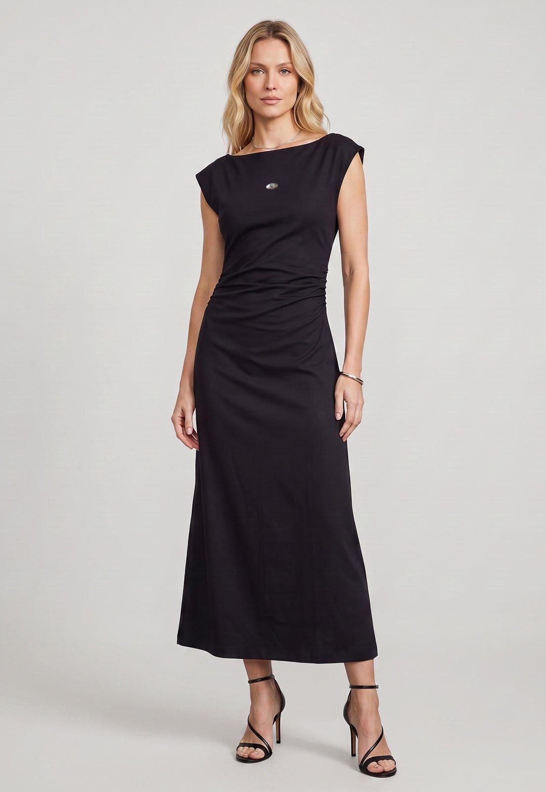 Vestido Colcci Longo Ajustado Franzido Preto
