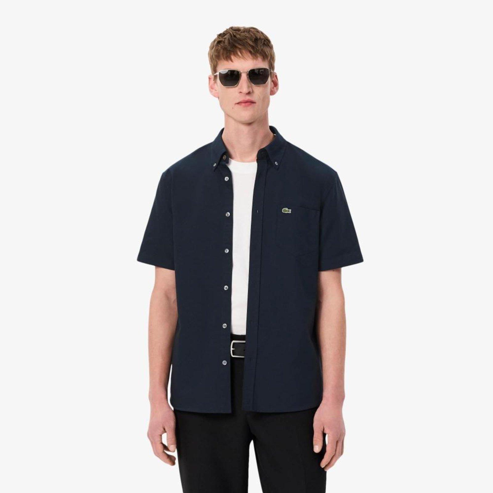 Camisa Regular Fit de Manga Curta em Oxford Azul