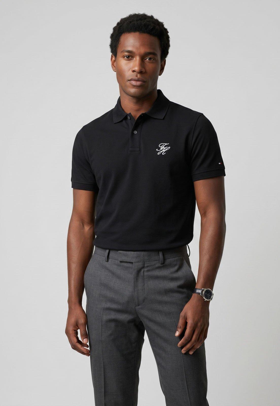 Camisa Polo Masculina Tommy Hilfiger Monogram Preta