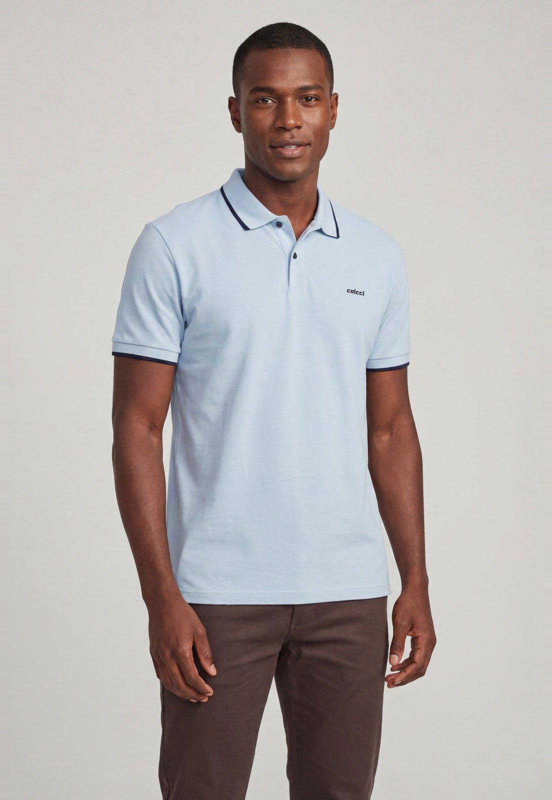 Polo Masculina Colcci Gola Contrastante Azul Claro