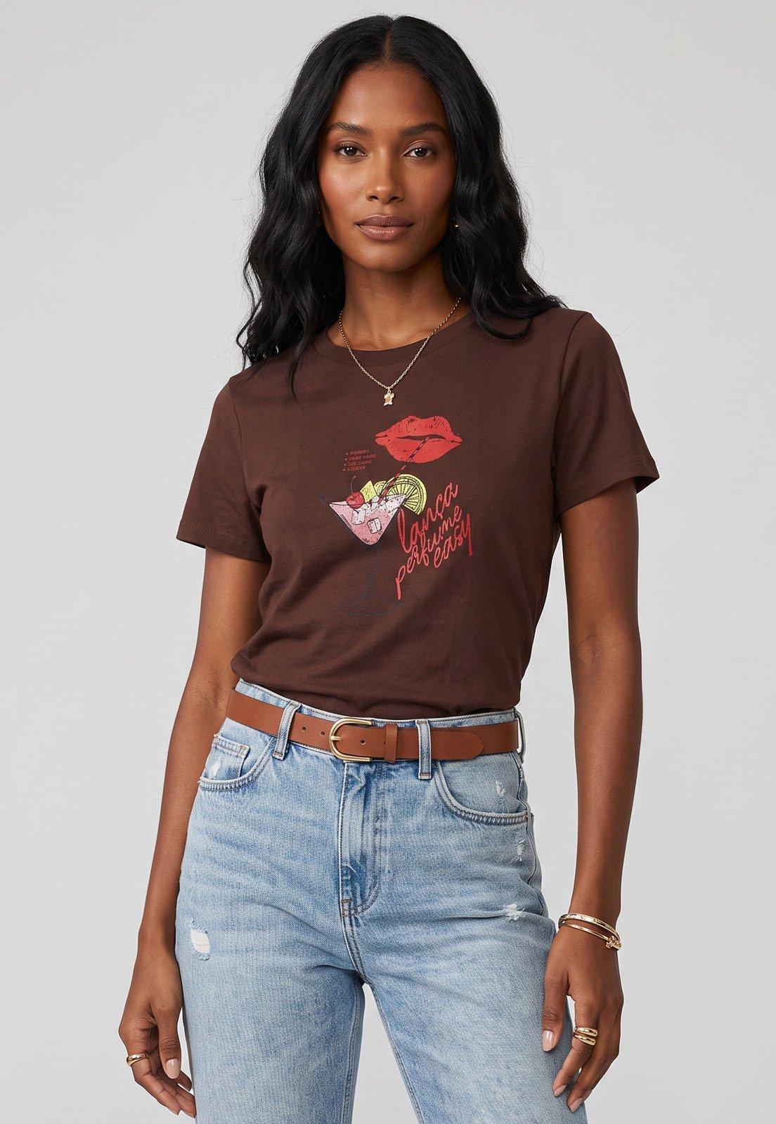 Camiseta Feminina Lança Perfume Estampa Drink Marrom