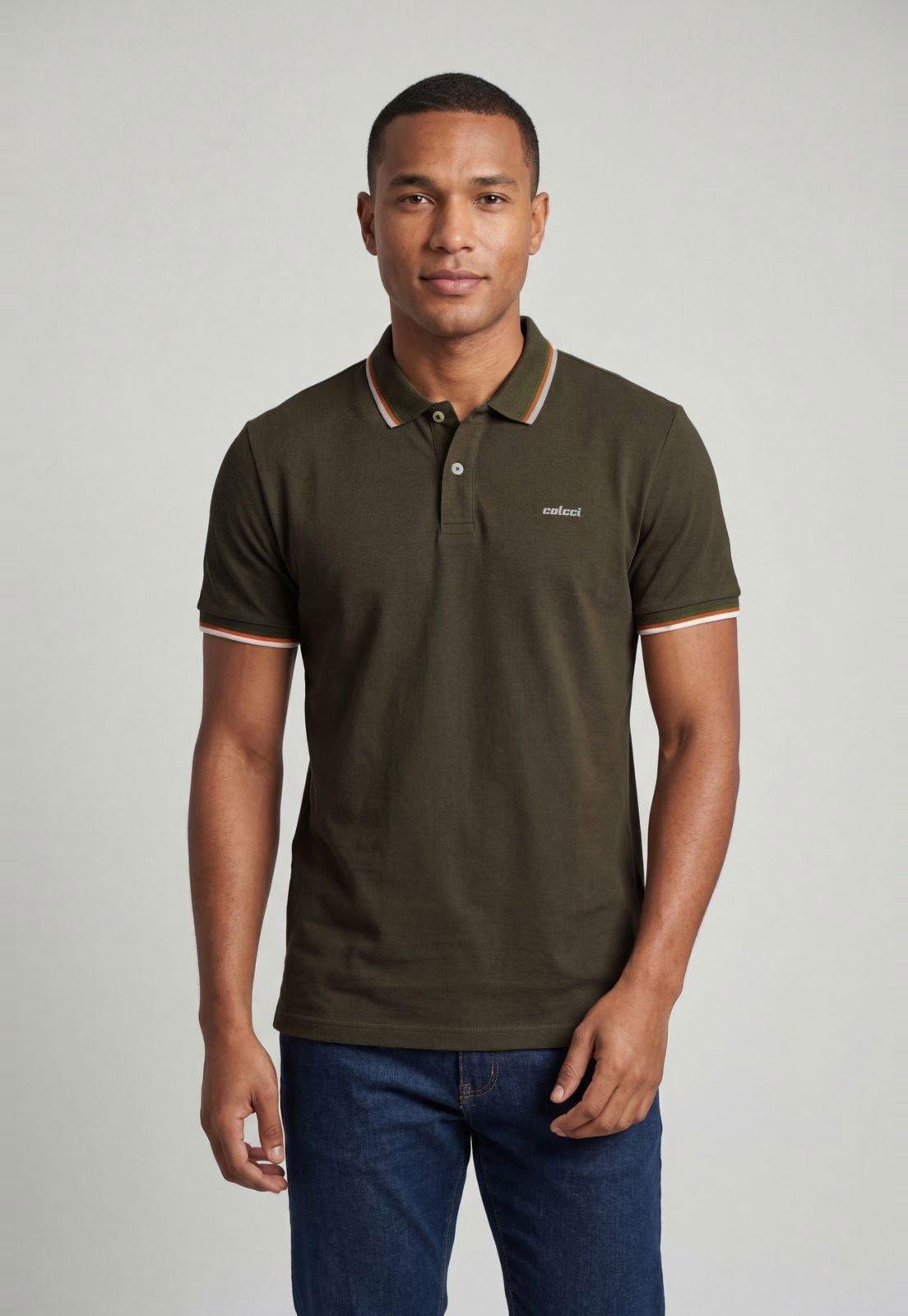 Camiseta Polo Masculina Colcci Gola Contrastante Verde-oliva