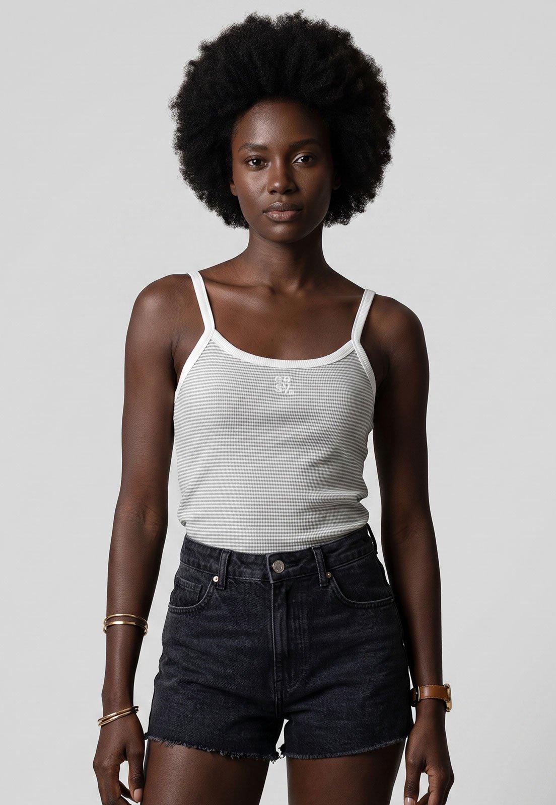Regata Feminina Lança Perfume Alças Finas Listrada Off-White