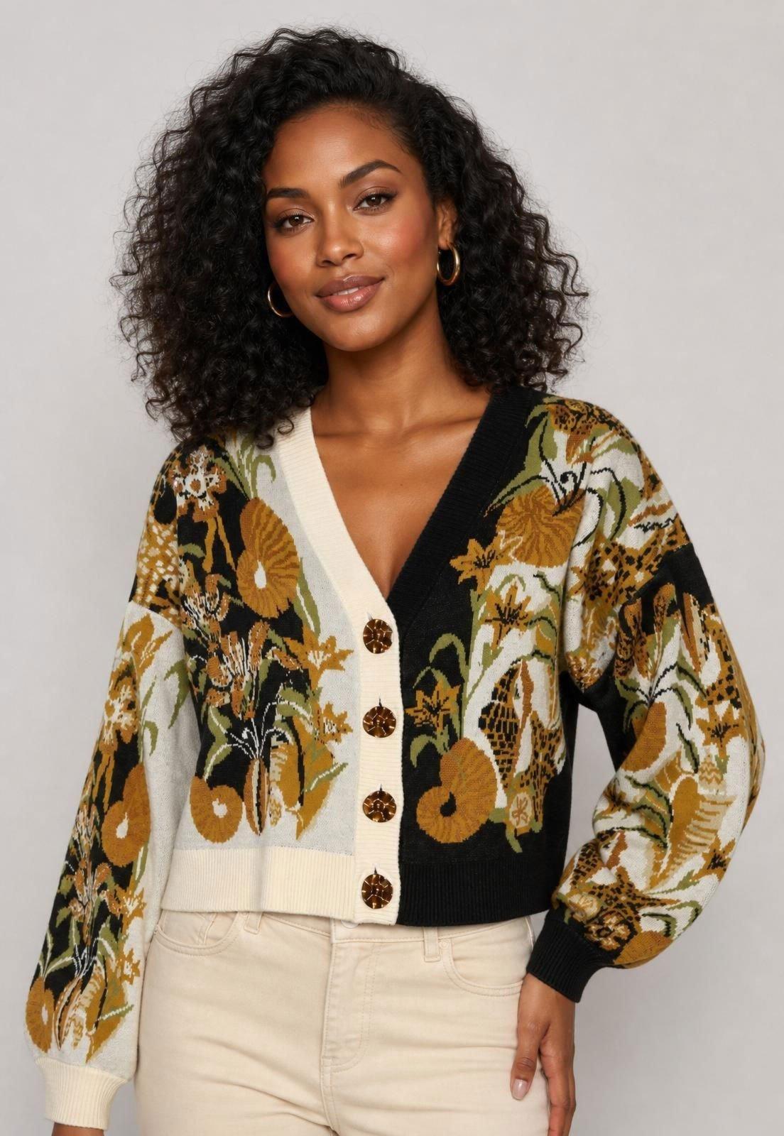 Cardigan Feminino FARM Estampa Floral Botões Preto