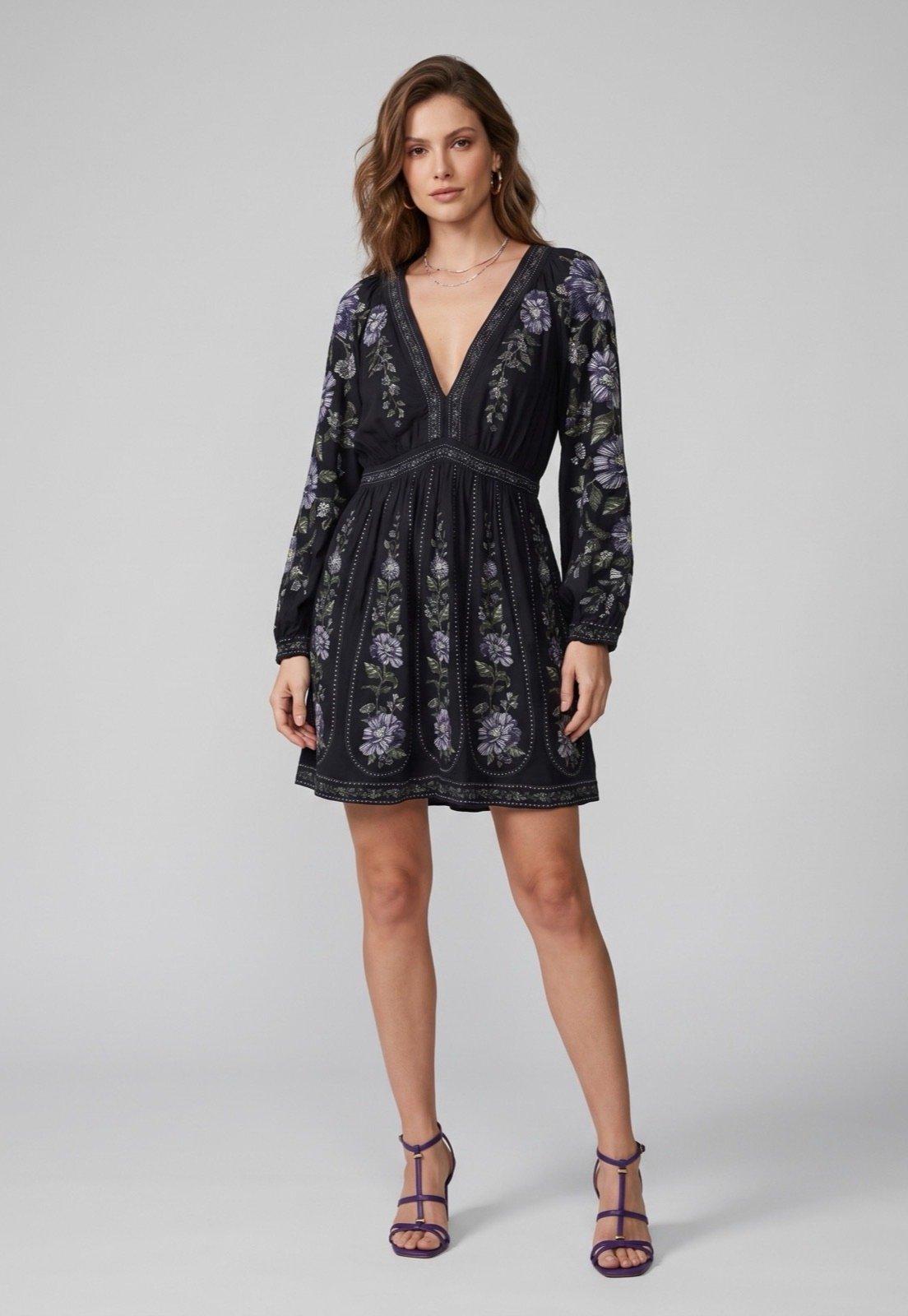 Vestido Feminino FARM Estampado Manga Longa Preto