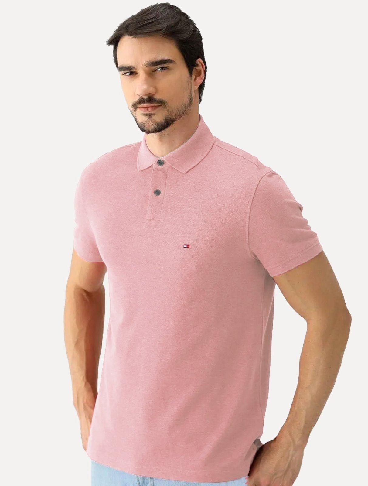 Polo Tommy Hilfiger Masculina Regular Piquet 1985 Rosa Claro Mescla