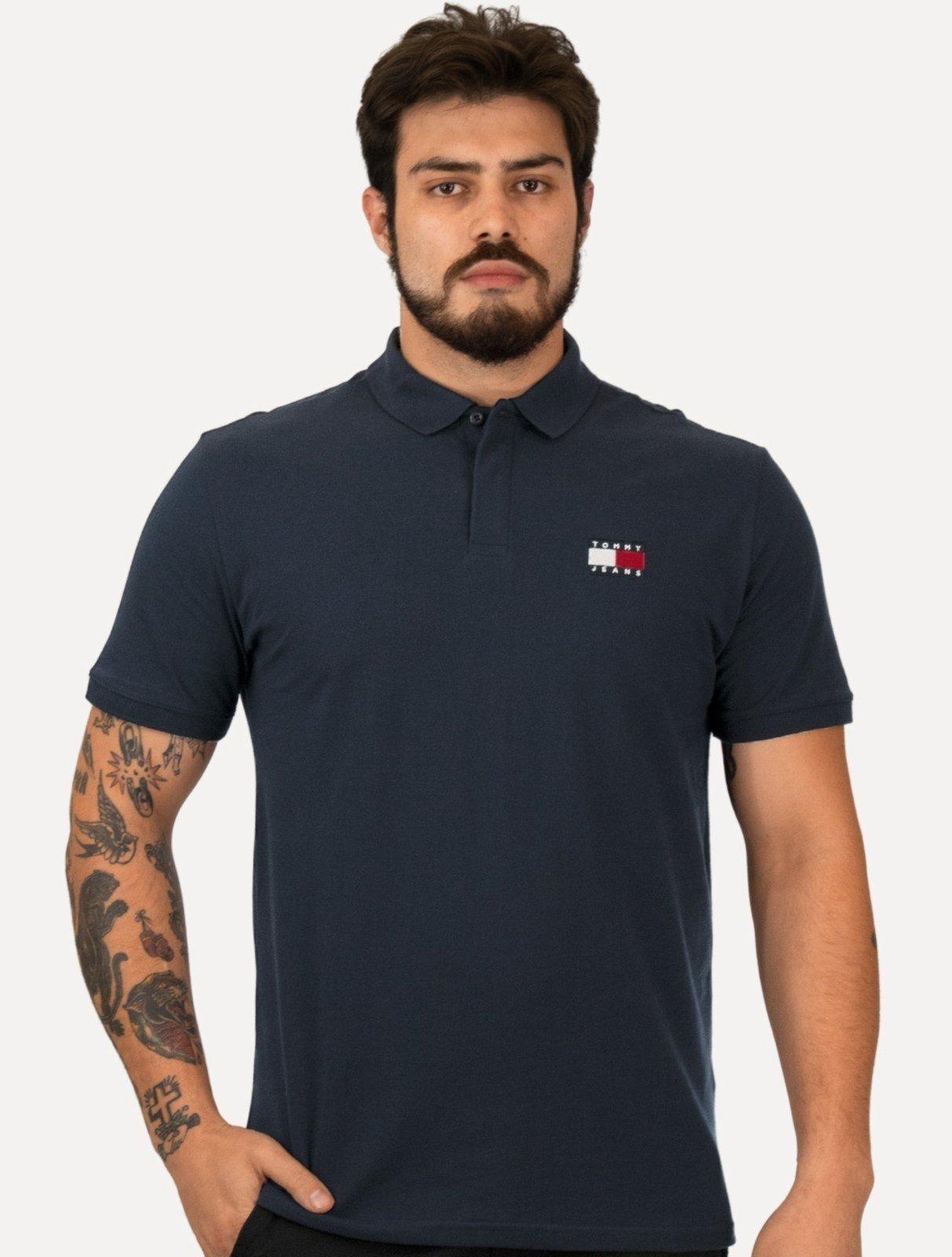 Polo Tommy Jeans Masculina Regular Classic Flag Badge Azul Escuro
