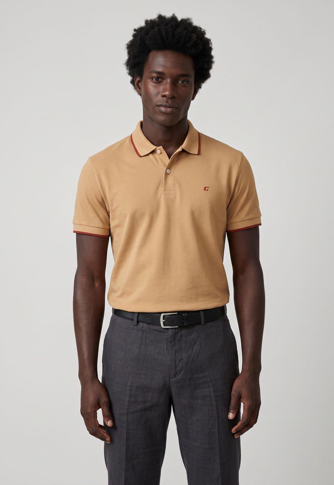 Polo Masculina Colcci Gola com Friso Bege