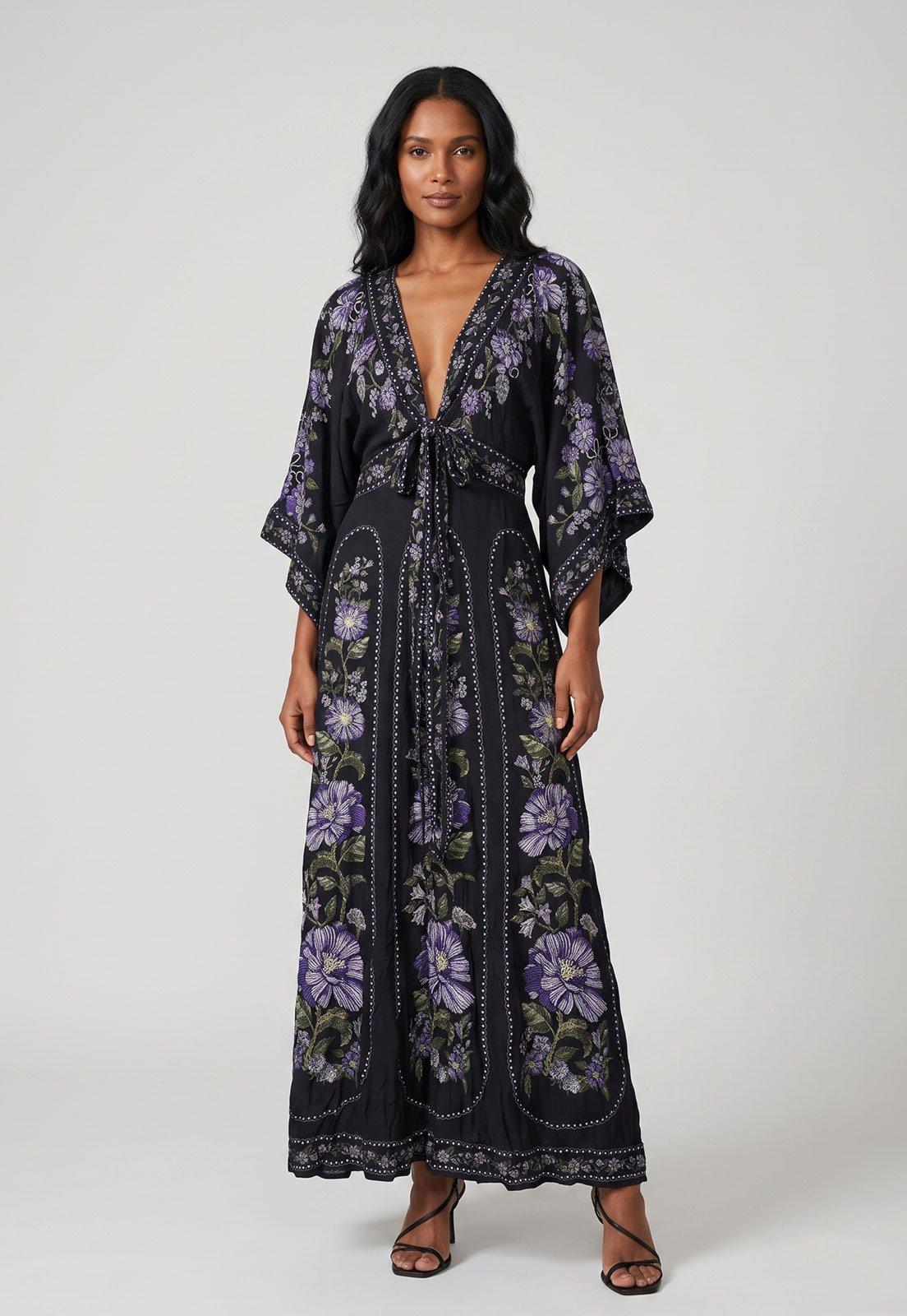 Vestido Feminino FARM Longo Floral Preto