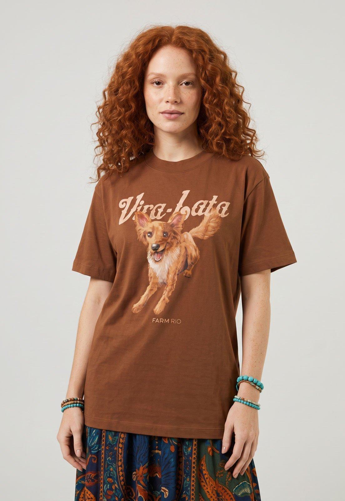 Camiseta Feminina FARM Estampa Vira Lata Marrom