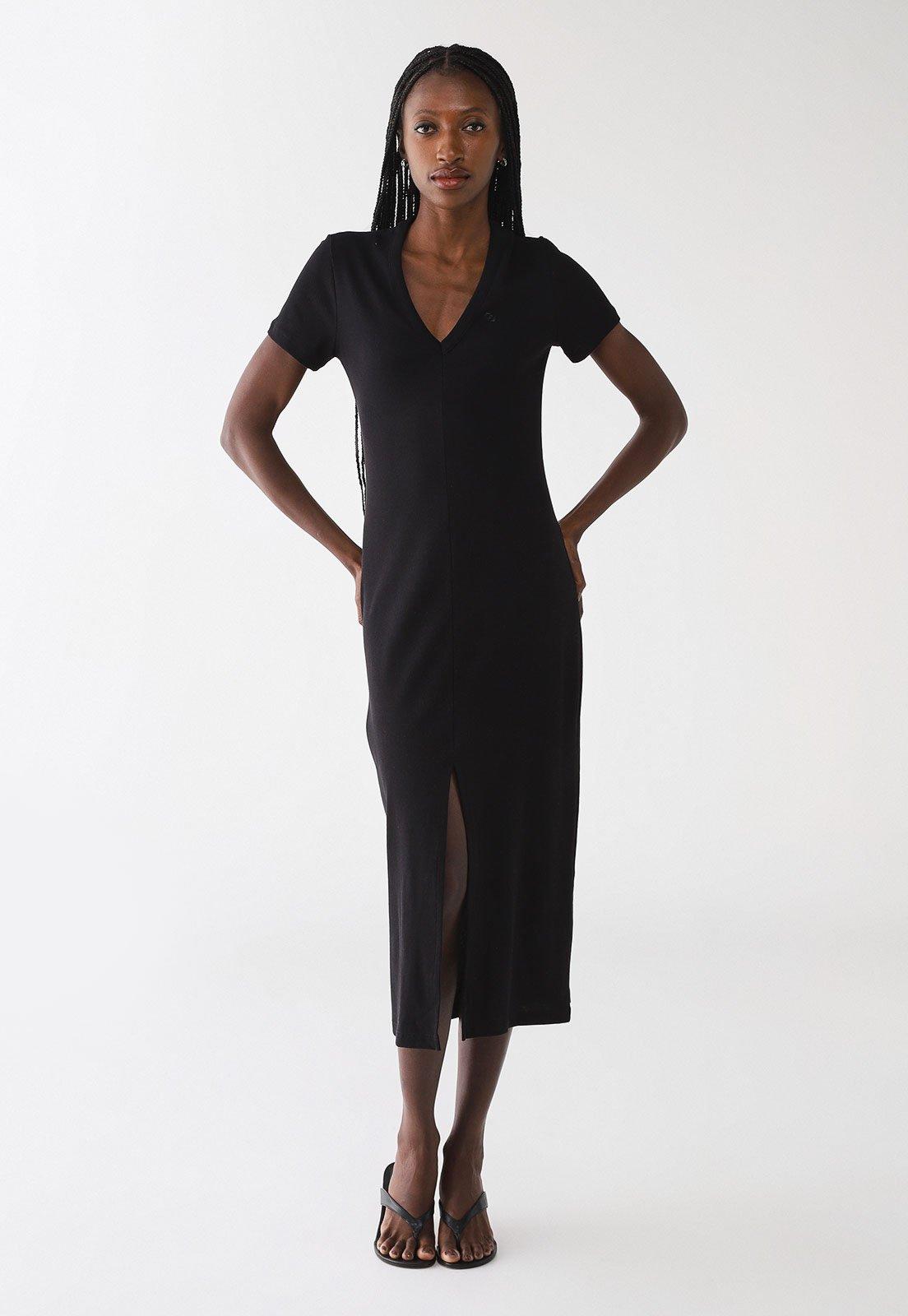 Vestido Feminino Colcci Midi Canelado Decote V Preto