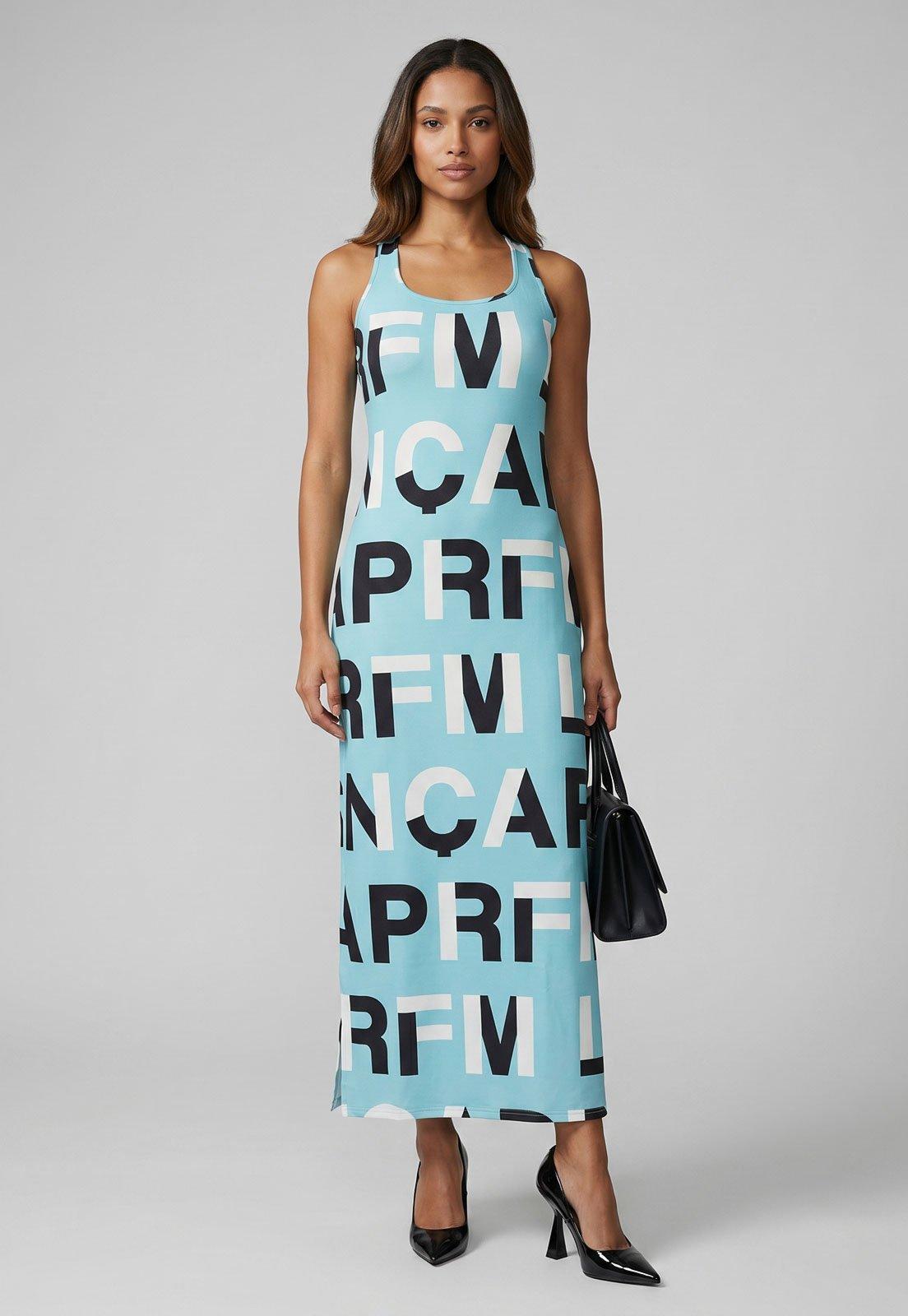 Vestido Feminino Lança Perfume Estampa Letras Azul