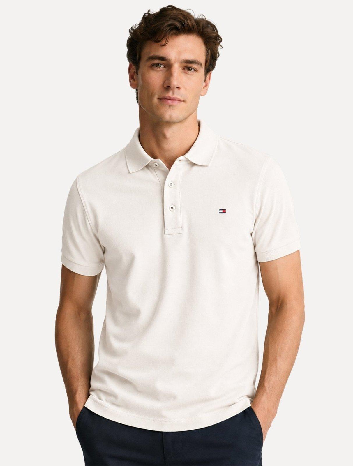 Polo Tommy Hilfiger Masculina Slim Piquet 1985 Off White